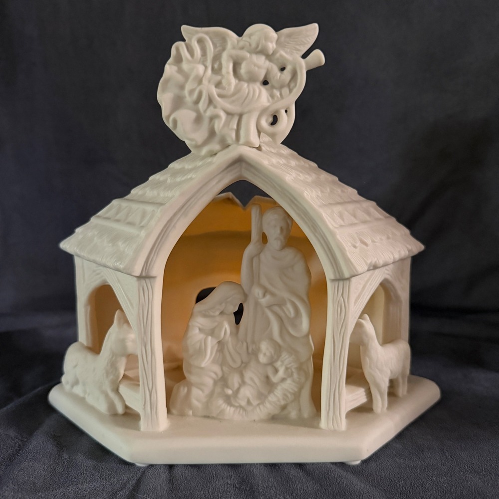 PartyLite Bisque Porcelain Nativity Scene Tea Light Candle Holder Cream White